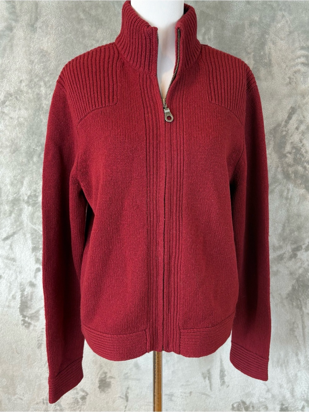 Vintage Eddie Bauer Full Zip Cardigan Sweater Red Burgundy Mock Neck Womens L